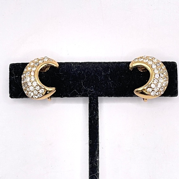 Christian Dior Signed Vintage Gold Plate Half Moon Rhinestone Clip-on Earrings - Picture 1 of 8